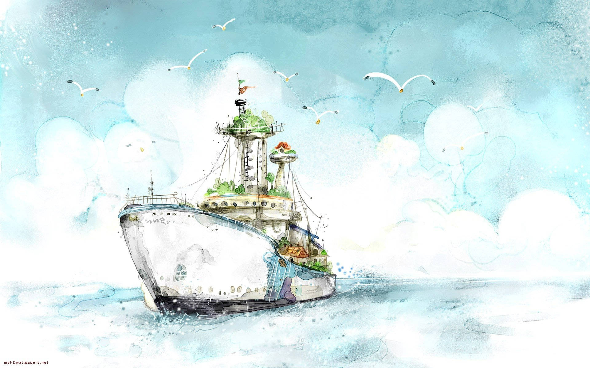Ferry Boat Watercolor Drawing Background