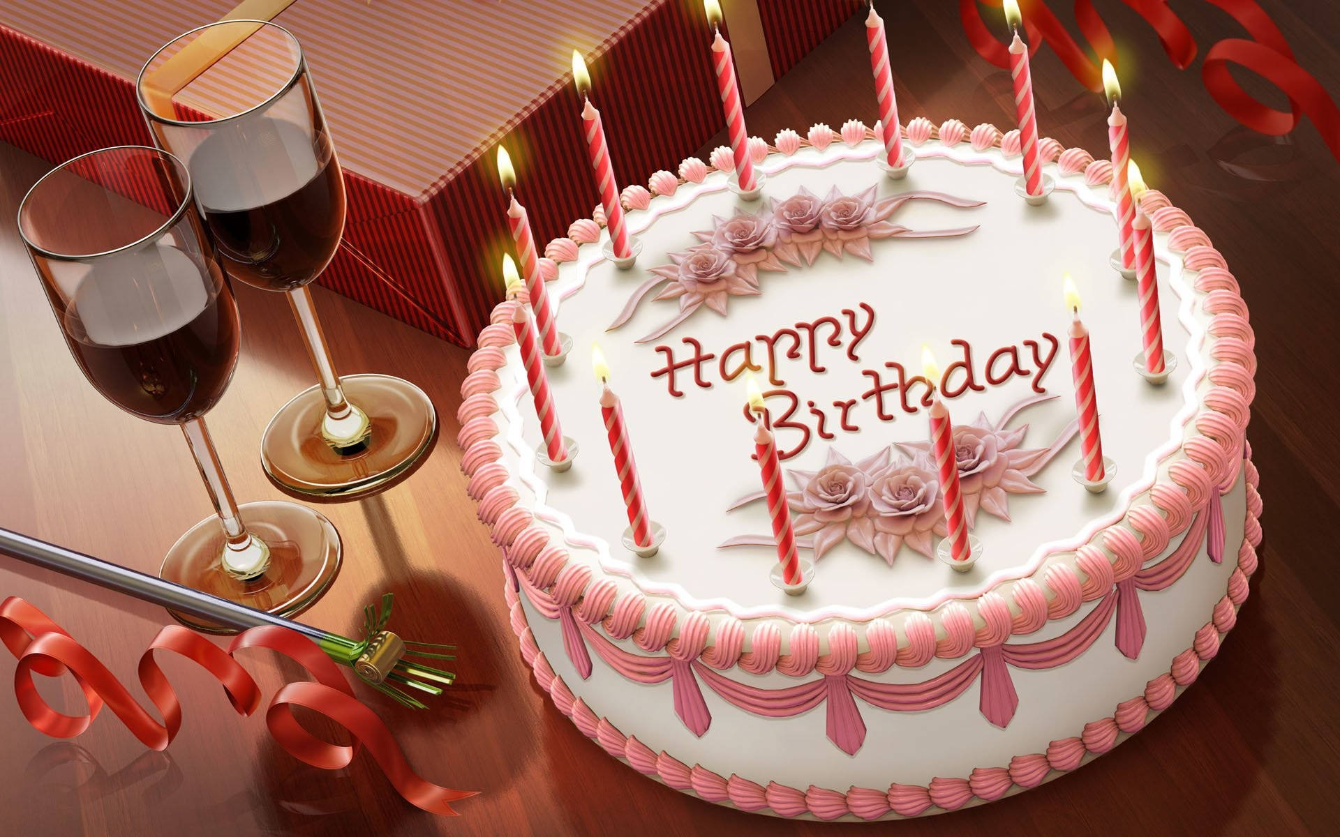 Festive Birthday Cake Illuminated By Candles With Red Wine Background