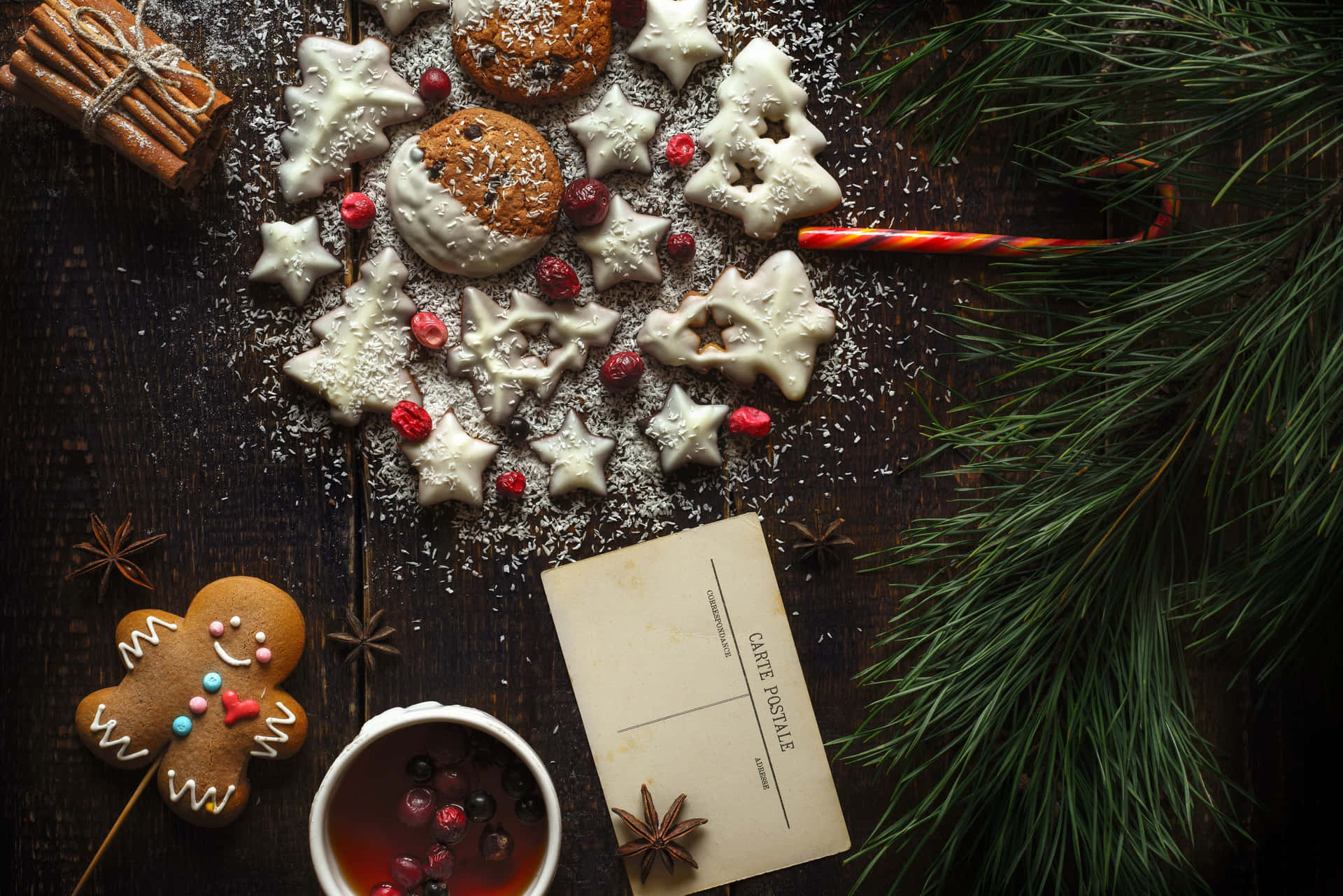 Festive Christmas Cookiesand Hot Drink Background