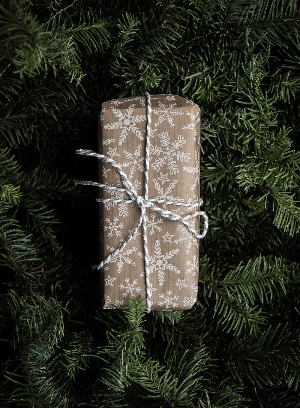 Festive Christmas Gift Wrapped In Brown And White Background