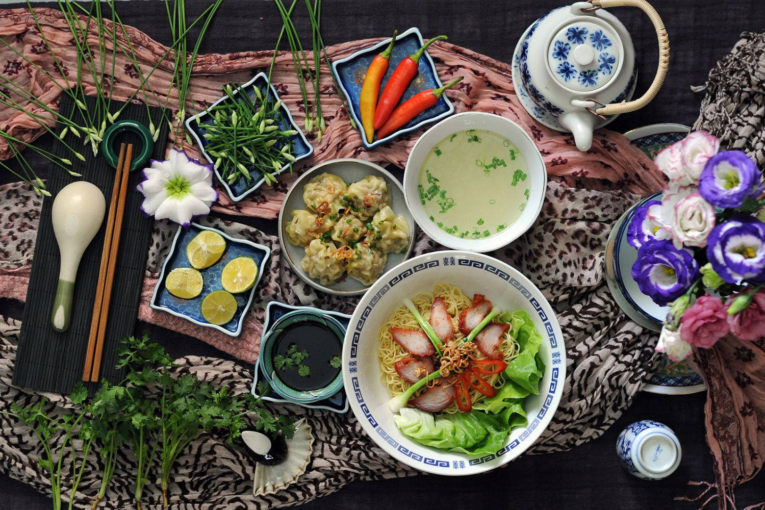 Festive Table Setting With Delicious Pho Background