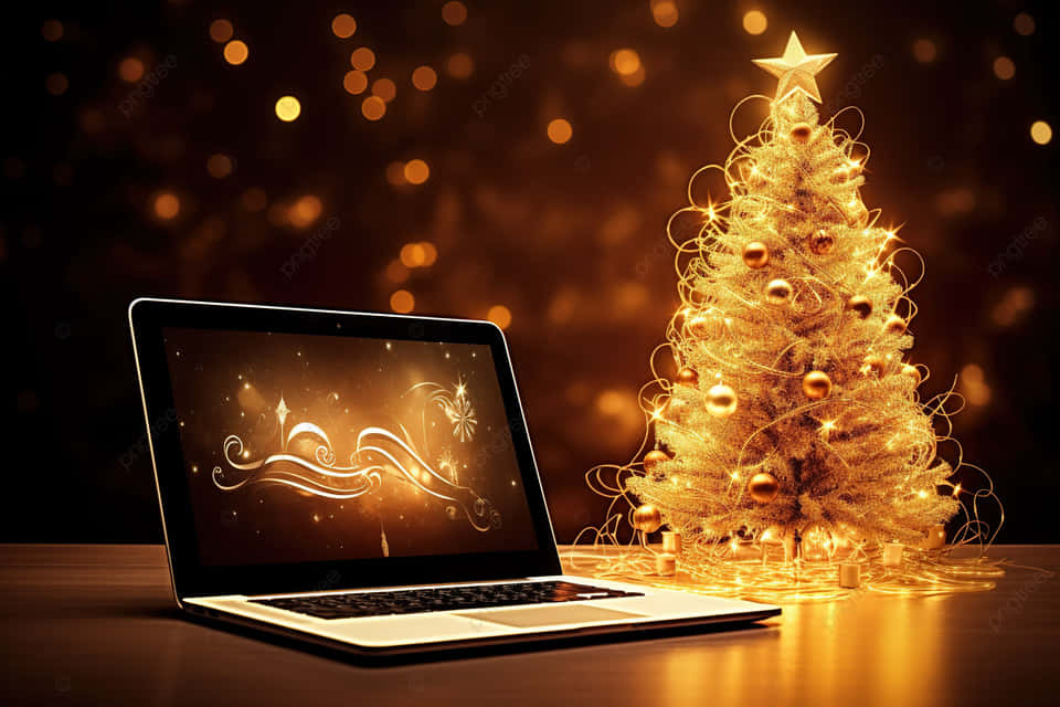Festive Workstationwith Christmas Tree Background