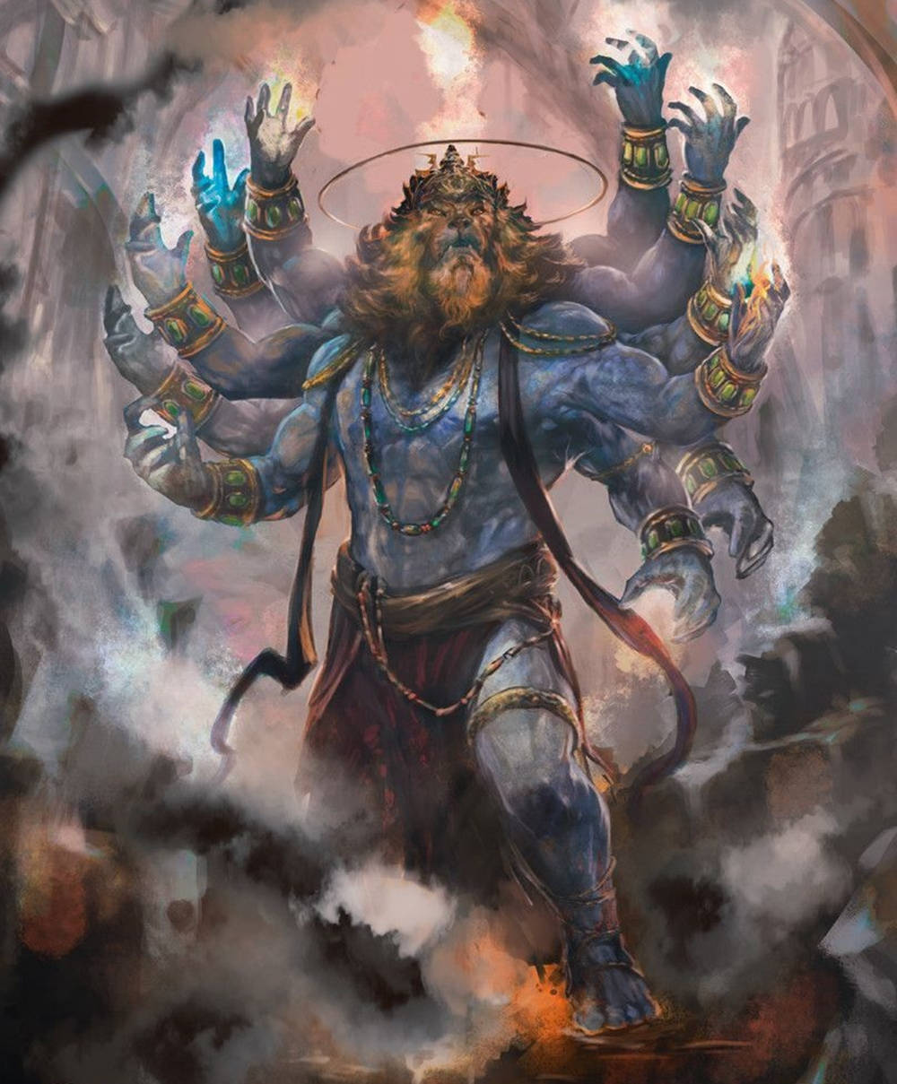 Fierce Depiction Of Lord Vishnu In His Lion Form Background
