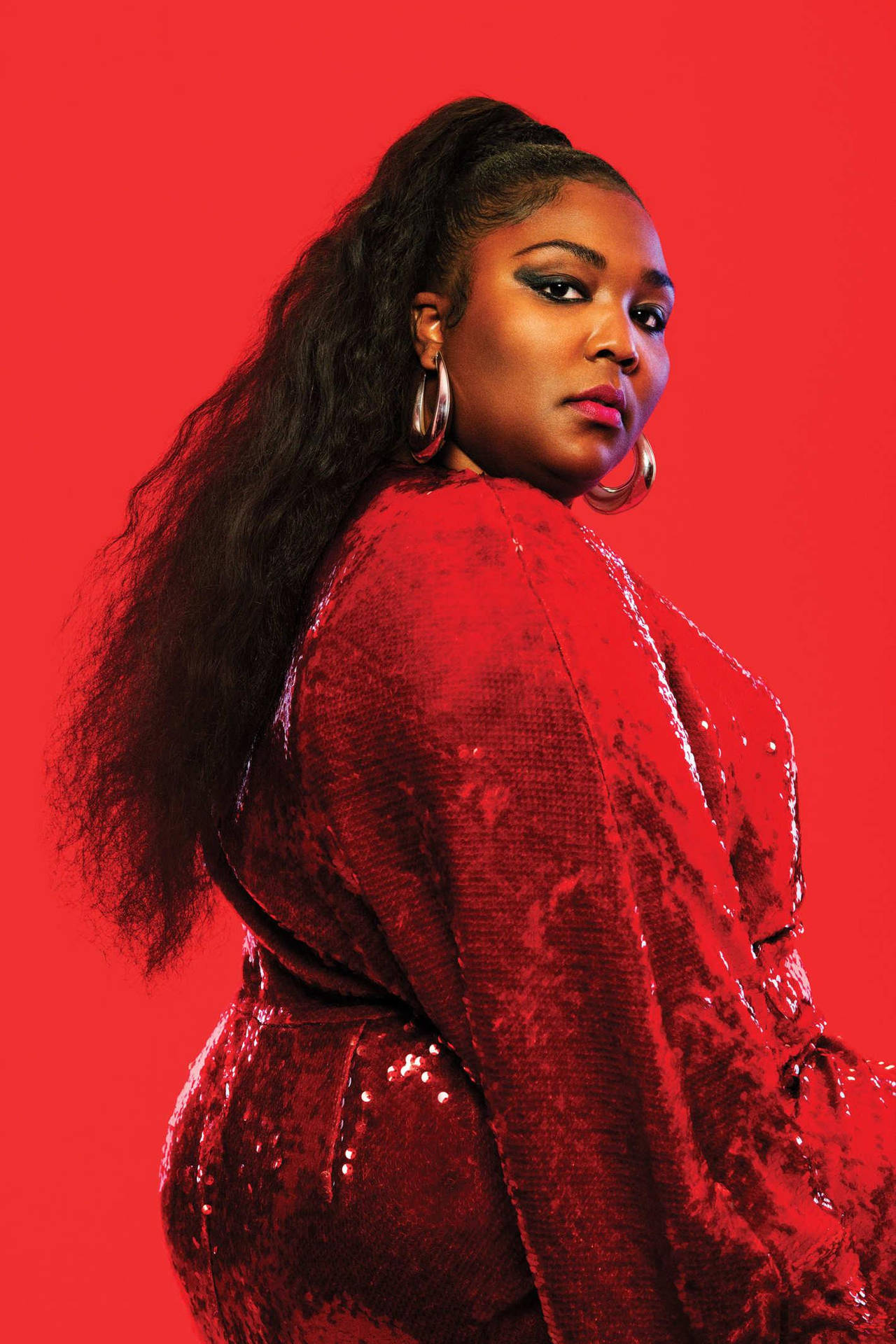 Fierce Lizzo In Sequined Red Dress Background