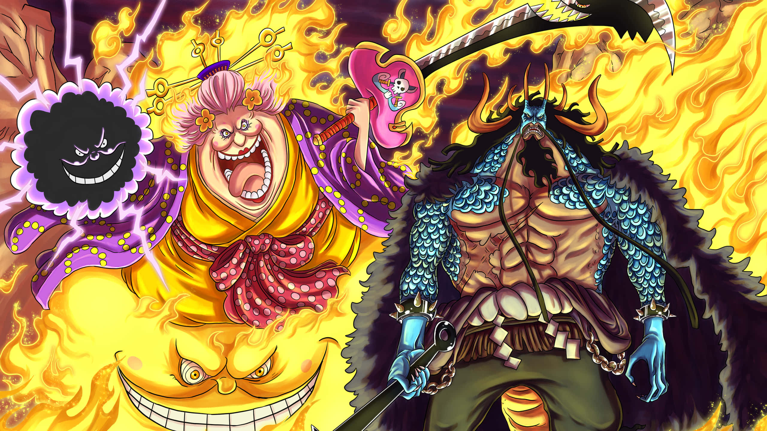 Fierce Pirate Kaido Stands Tall In Front Of The Bounty Hanging From His Arm To Declare His Power Background