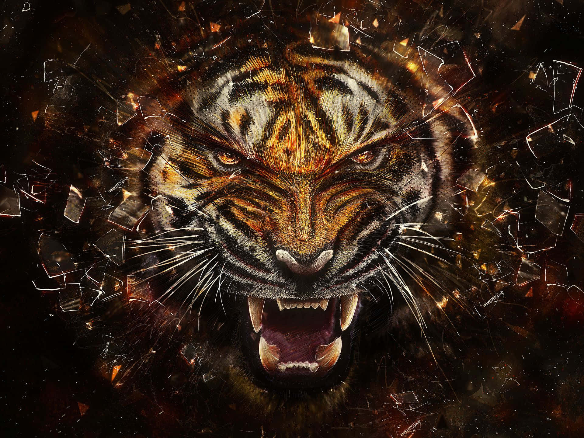 Fierce Tiger Shattering Glass Background