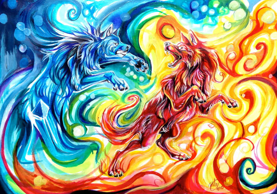 Fiercely Stunning Fire And Ice Wolf Background