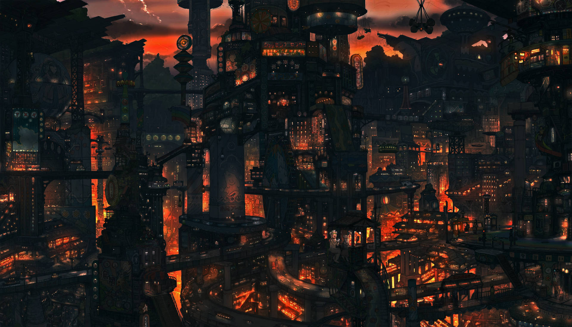 Fiery Anime Night City Background