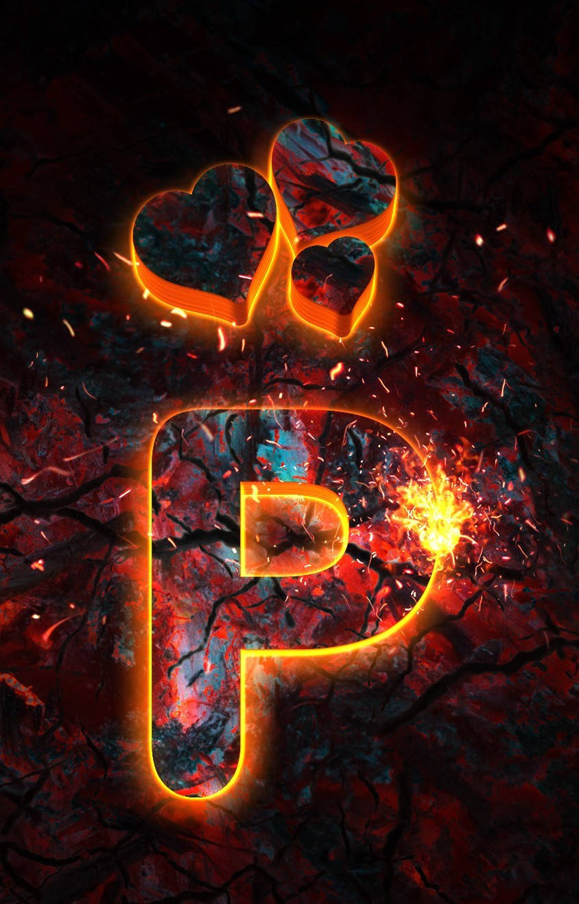 Fiery Letter P With Hearts Background