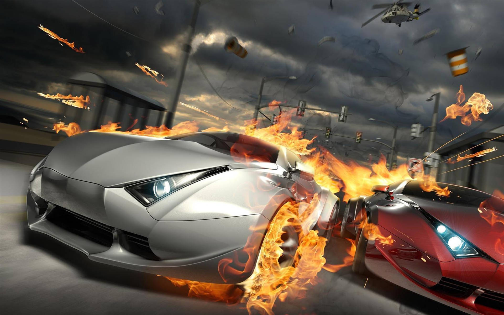 Fiery Race With Cool Cars Background