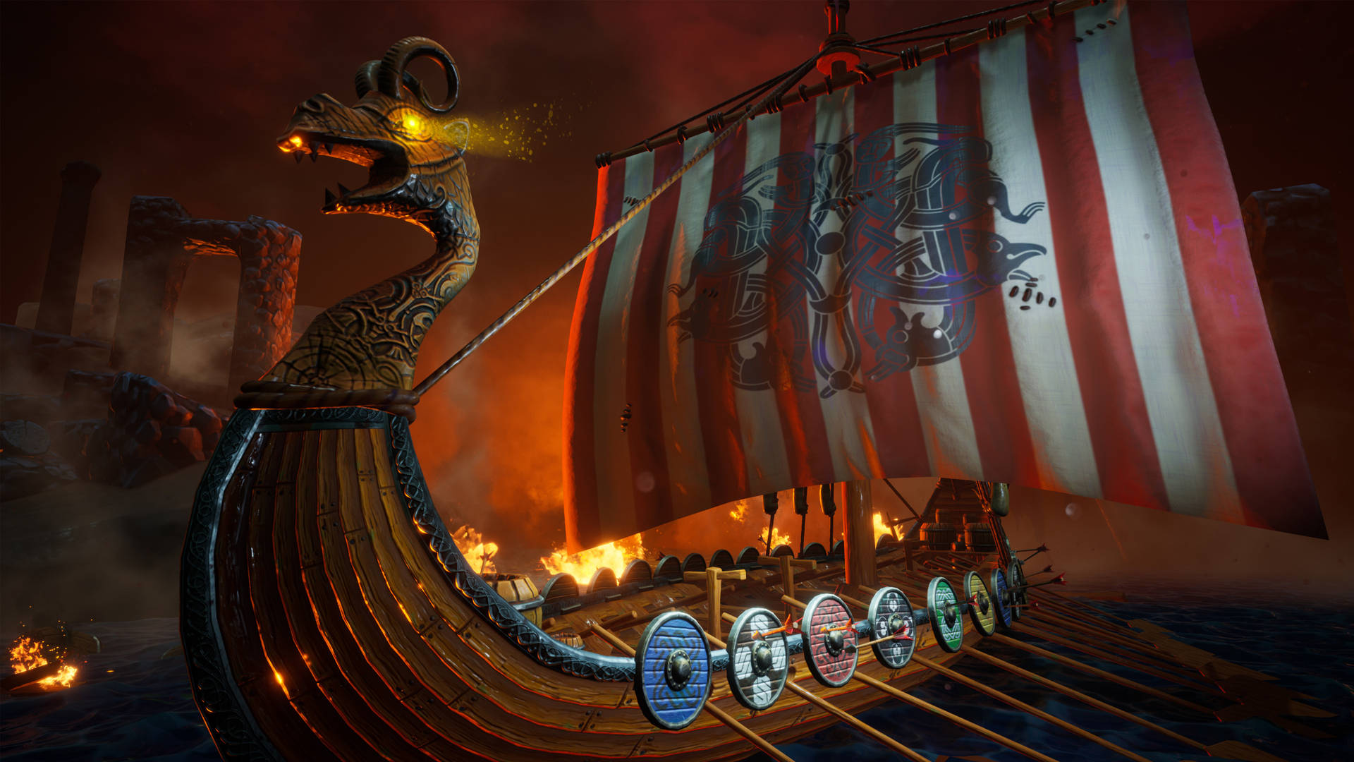 Fiery Viking Ship Art Background