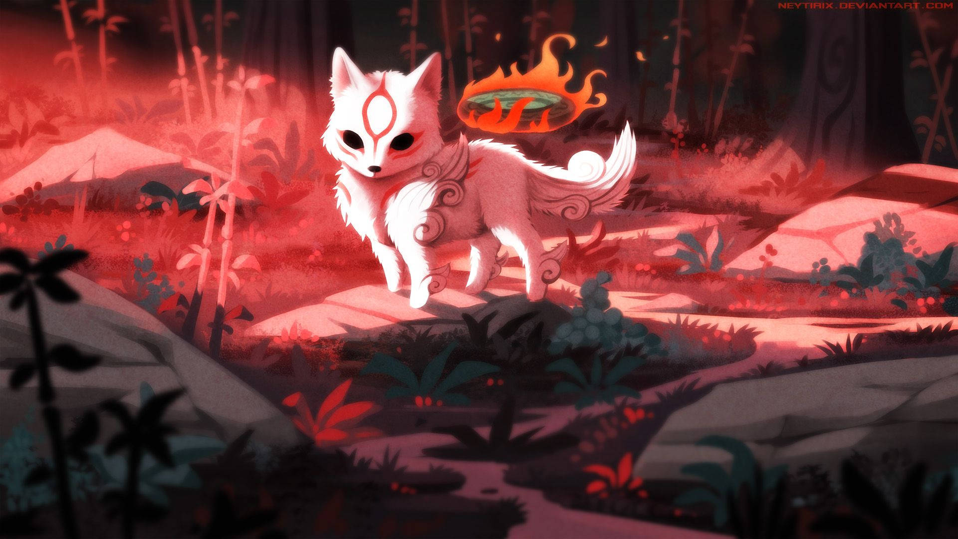 Fiery Young Okami Wolf Background