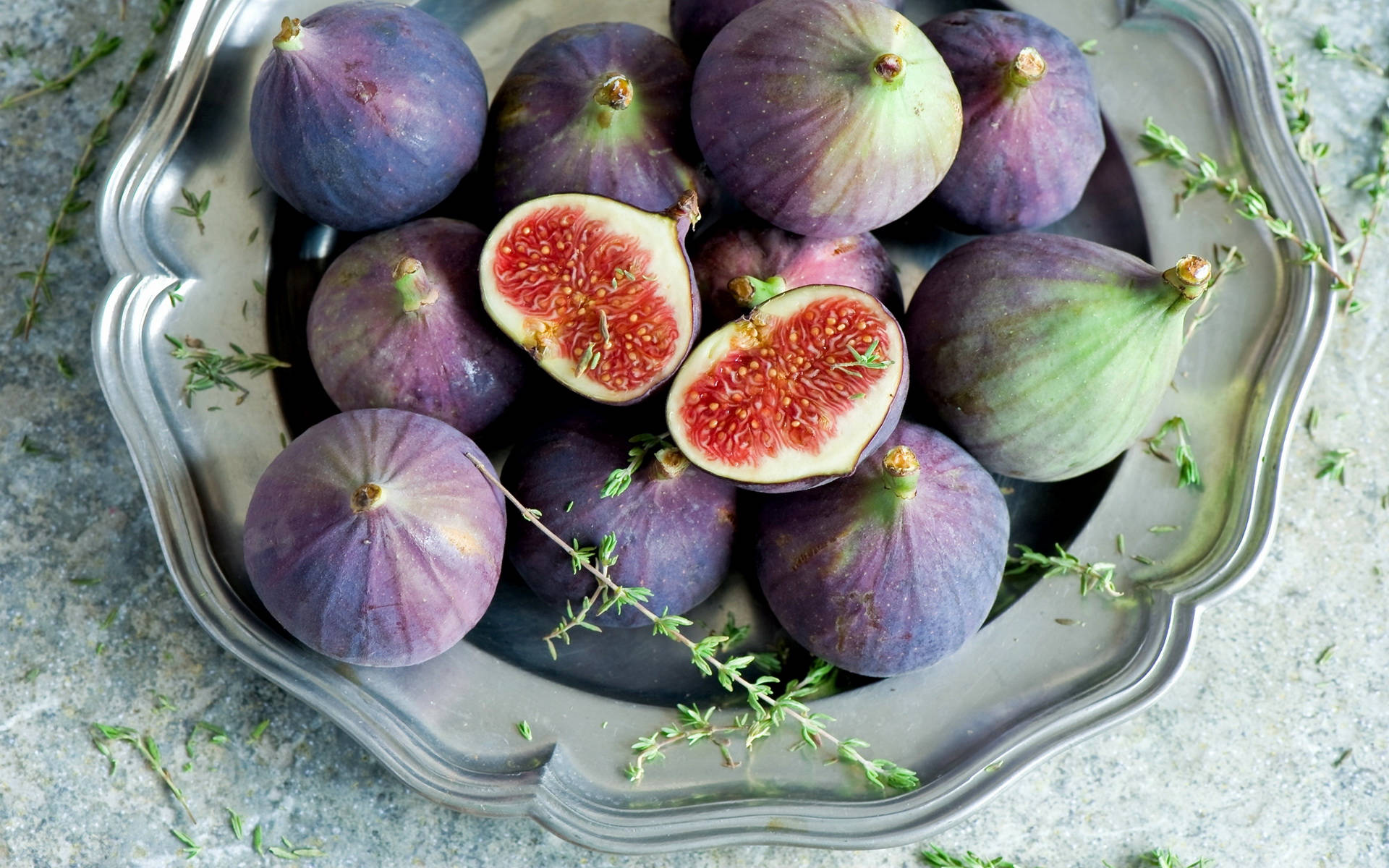 Fig Fruits And Herbs Arranged On Steel Tray Background