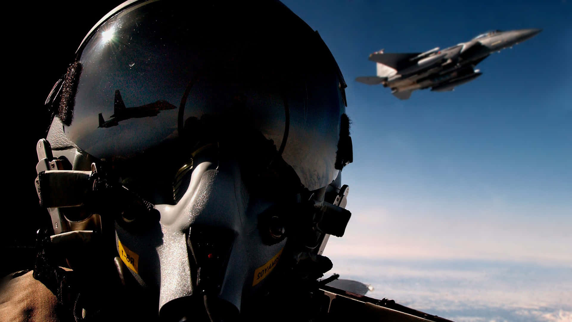 Fighter Pilot Helmet Reflection Flying Background