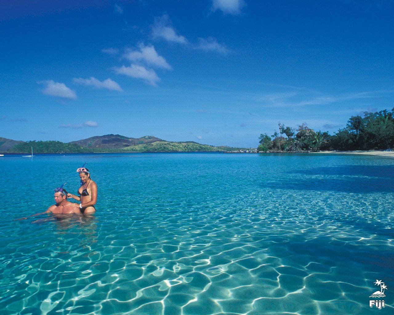 Fiji Tourists Swimming In Turtle Island Background