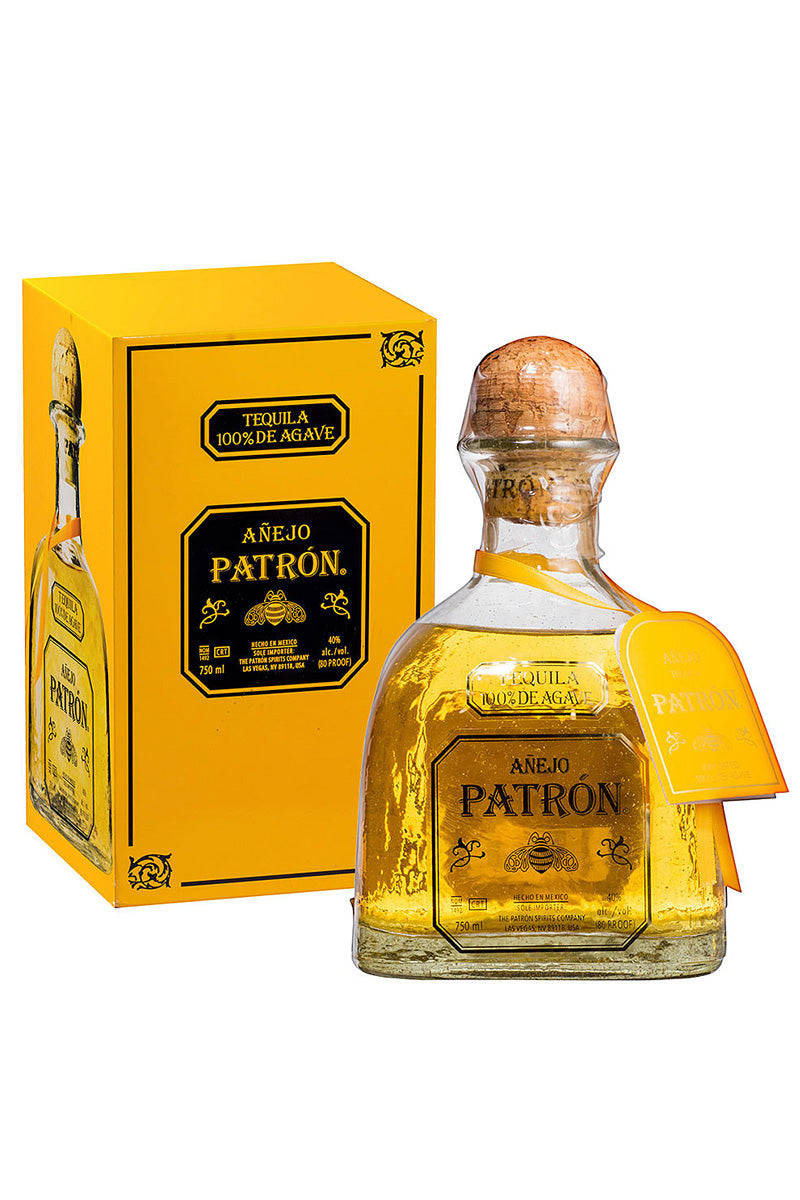 Fine Anejo Patron Tequila With Original Packaging Background