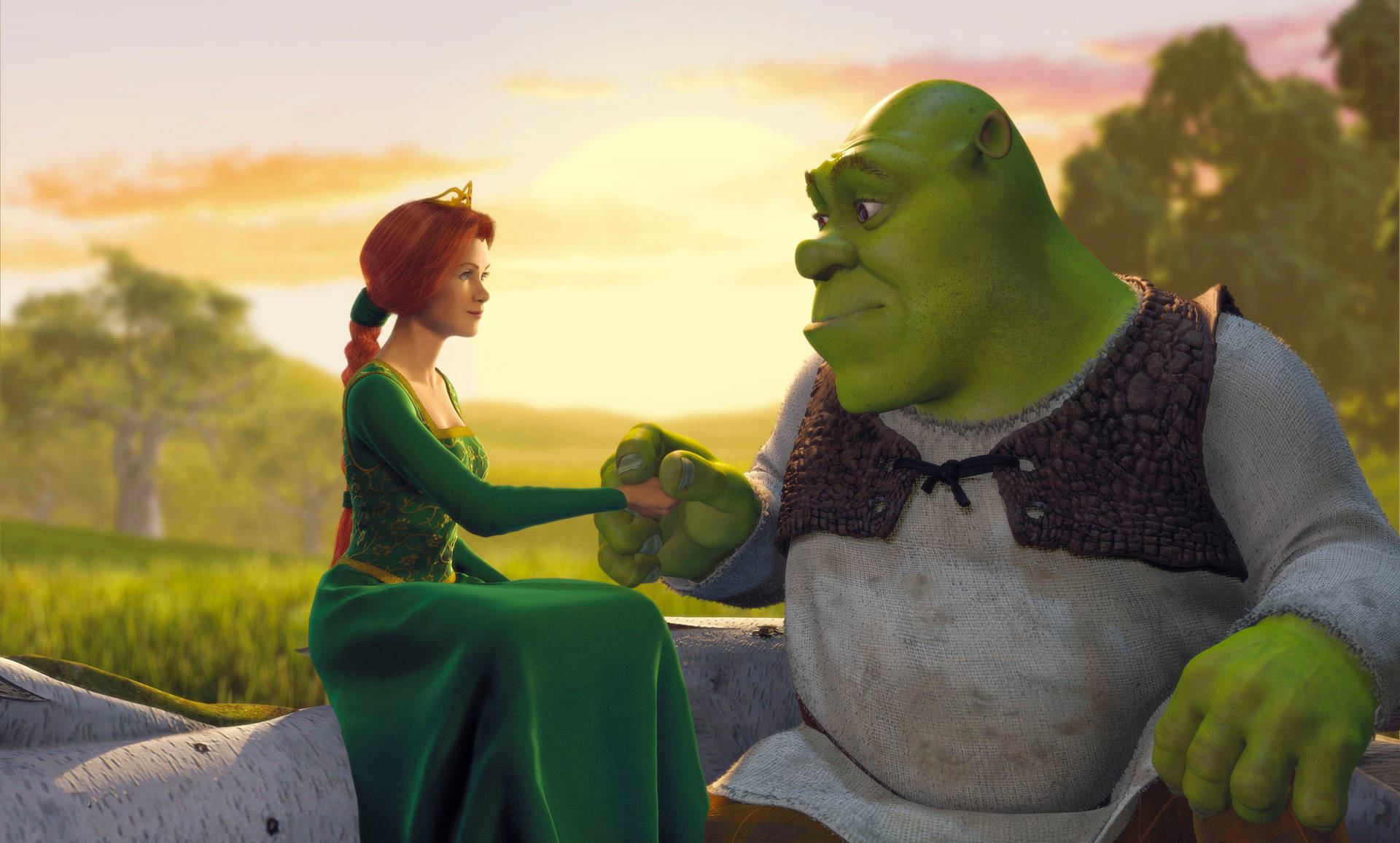 Fiona And Shrek 4k Holding Hands Background