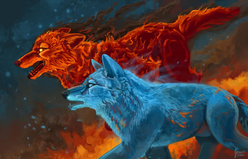 Fire And Ice Collide In This Mystical Wolf Background