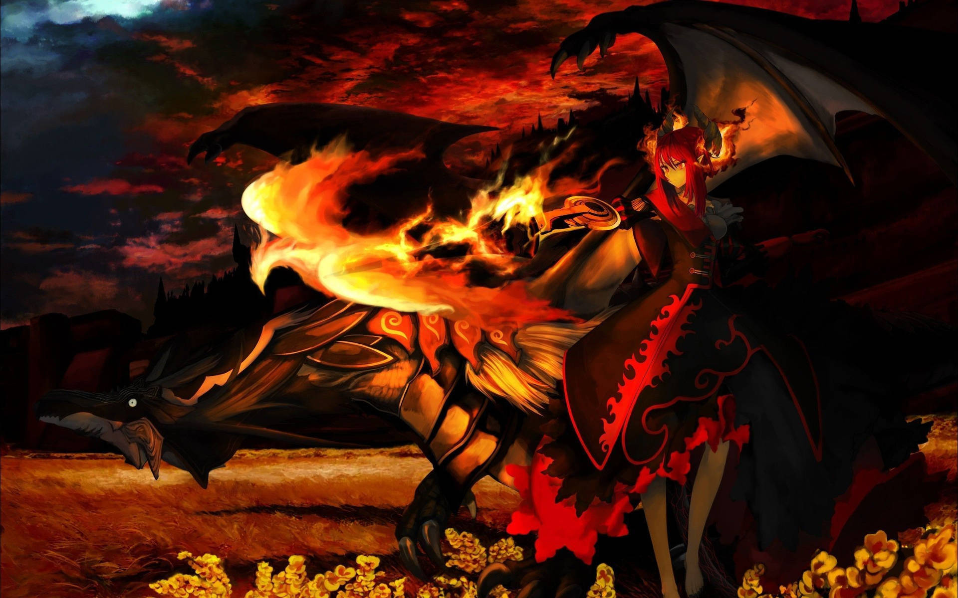 Fire Anime Wizard And Dragon Background