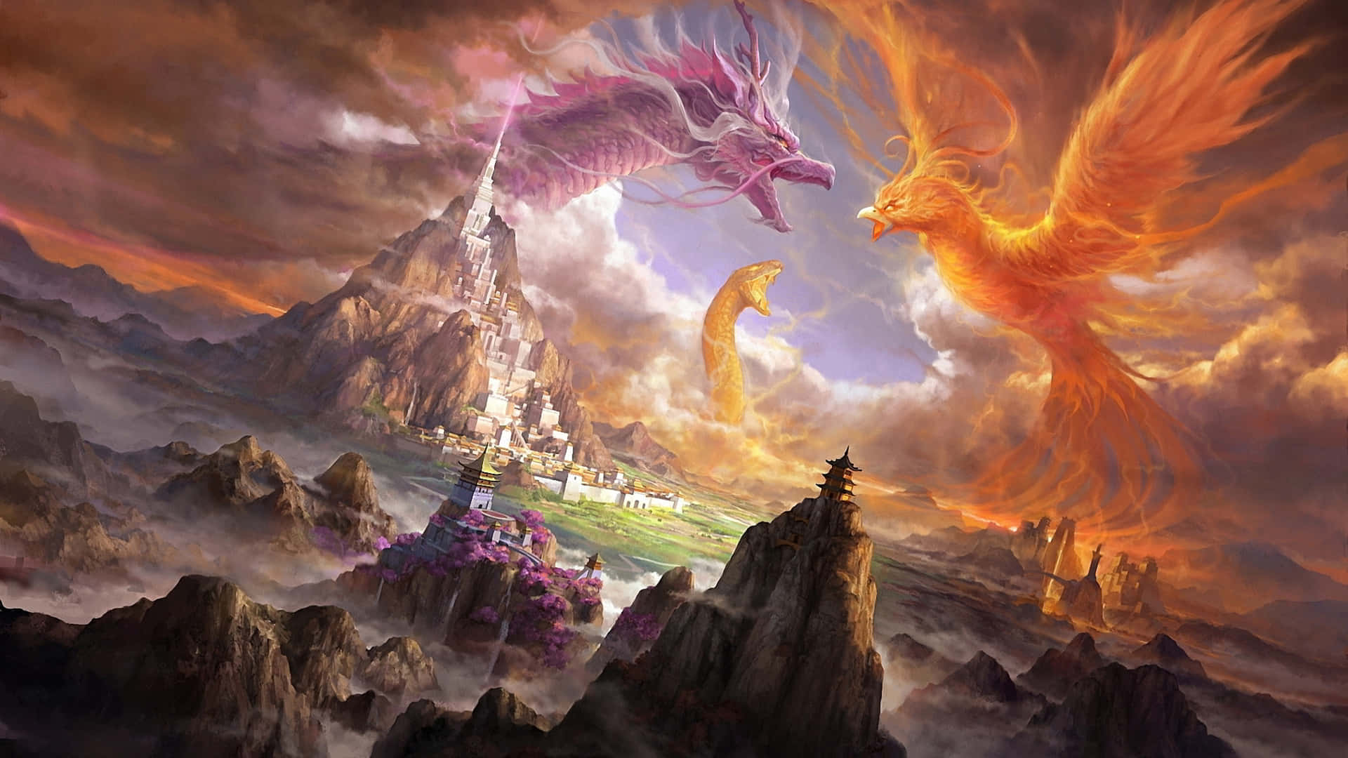 Fire-breathing Epic Dragon Atop A Magical Castle Background