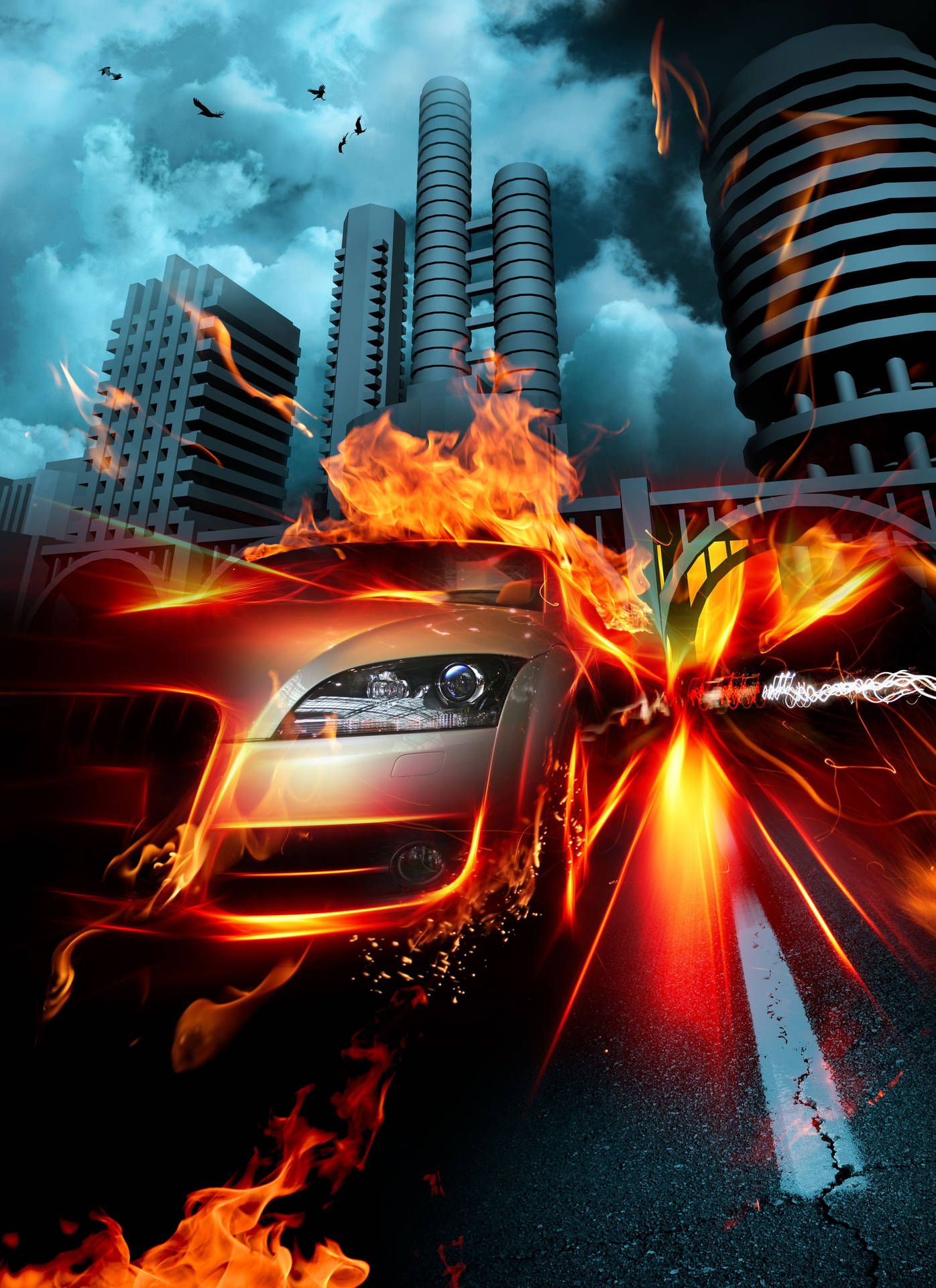 Fire Car Driving In Gloomy City Background