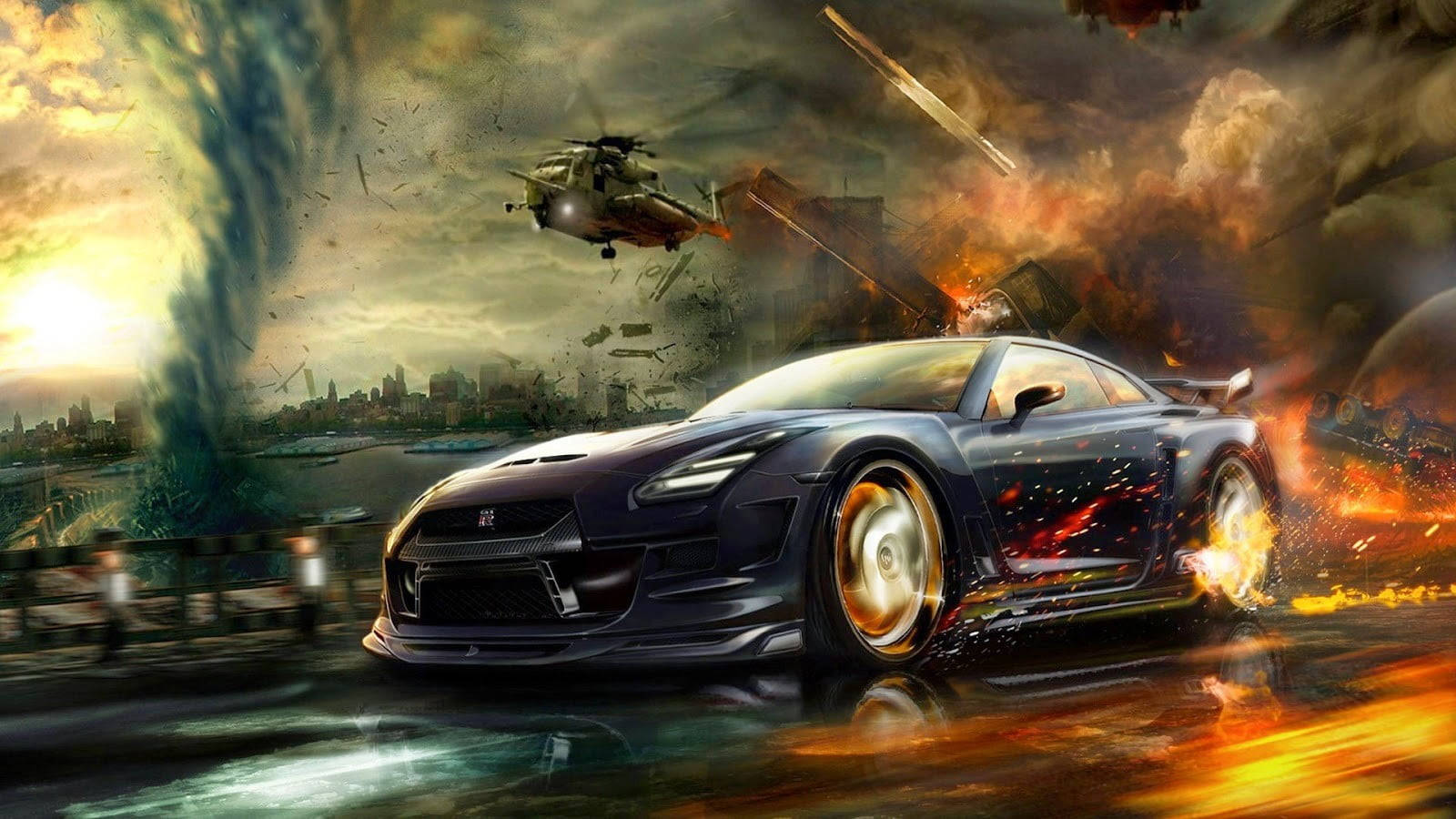 Fire Car Escaping Disaster Background
