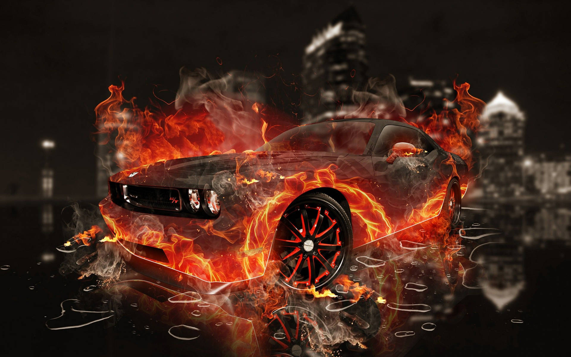 Fire Car In City At Night Background