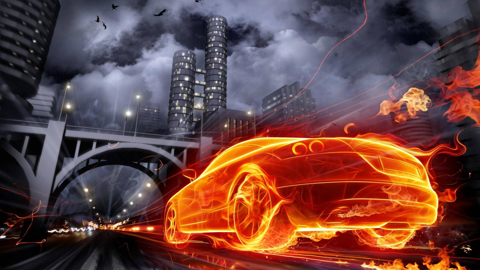 Fire Car Under Flaming City Background