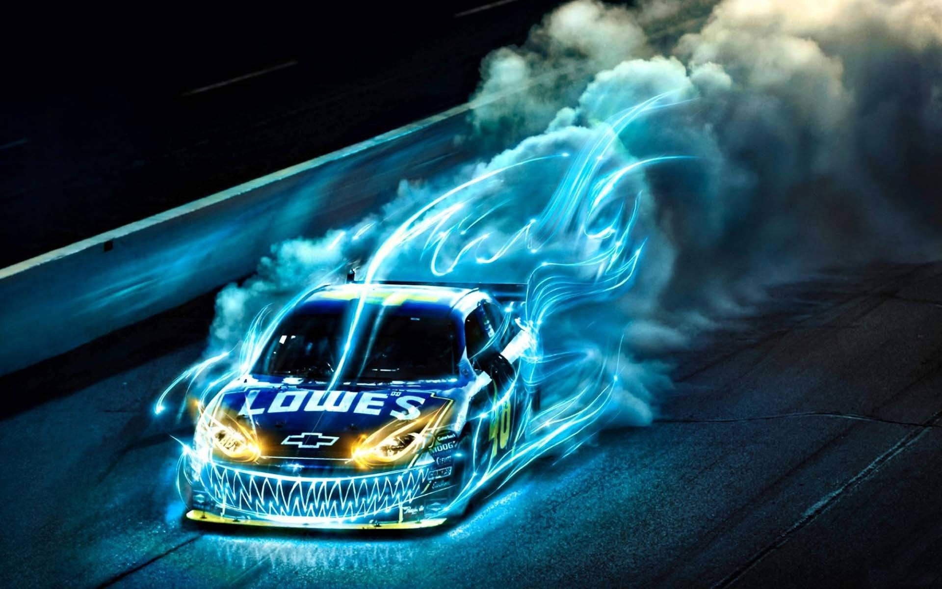 Fire Car With Blue Flames And Smoke Background