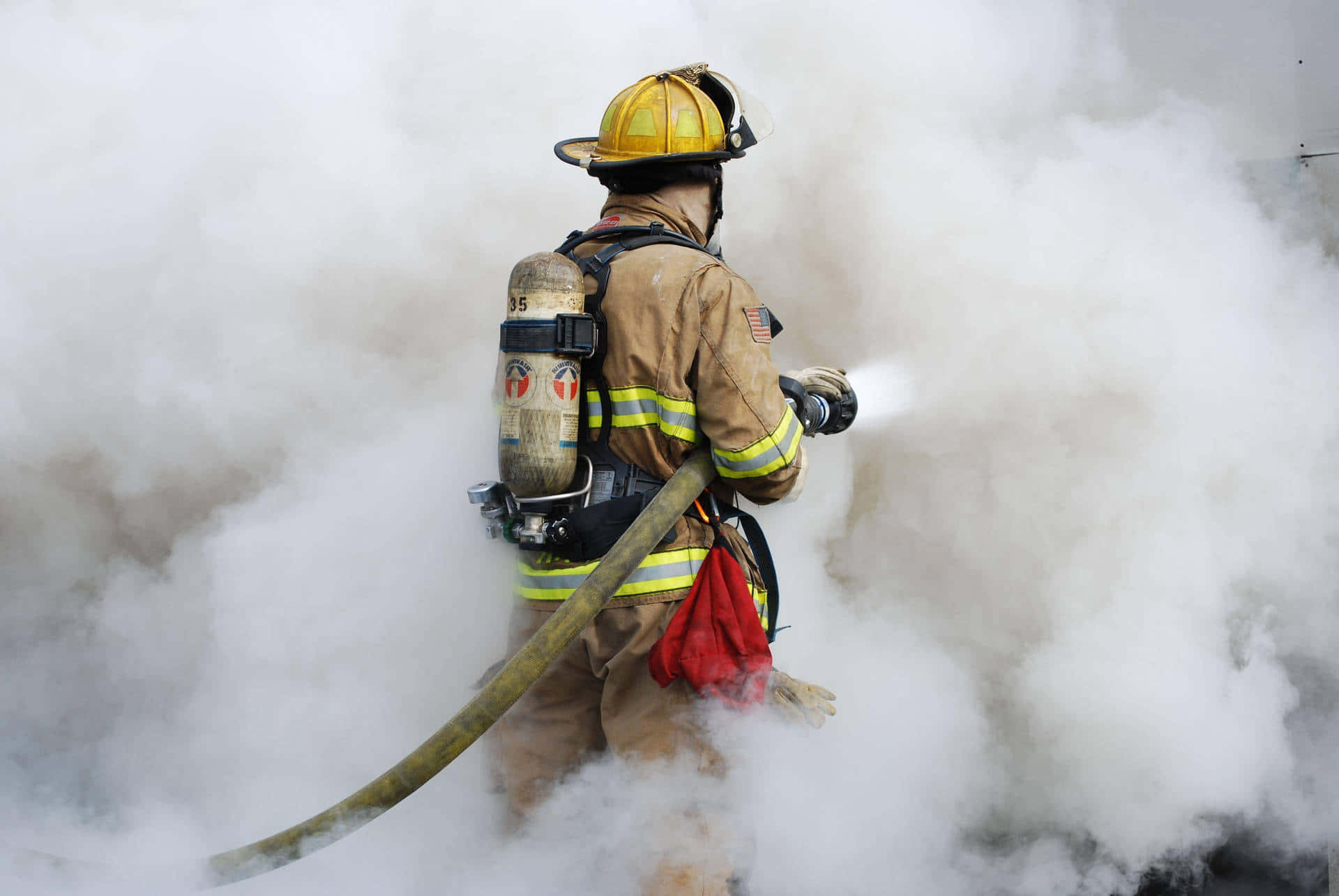 Fire Department Officer On A Thick White Smoke Background