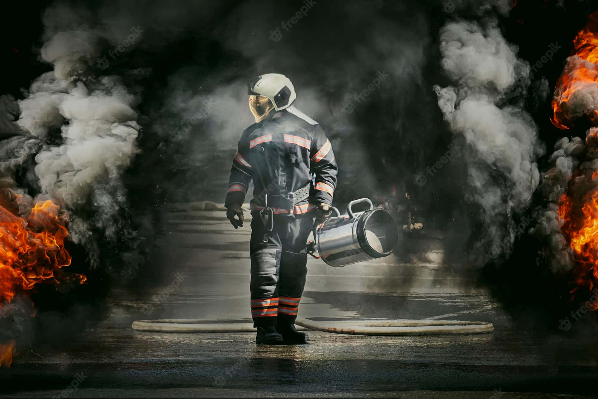 Fire Department Officer With An Arch Of Smoke Background