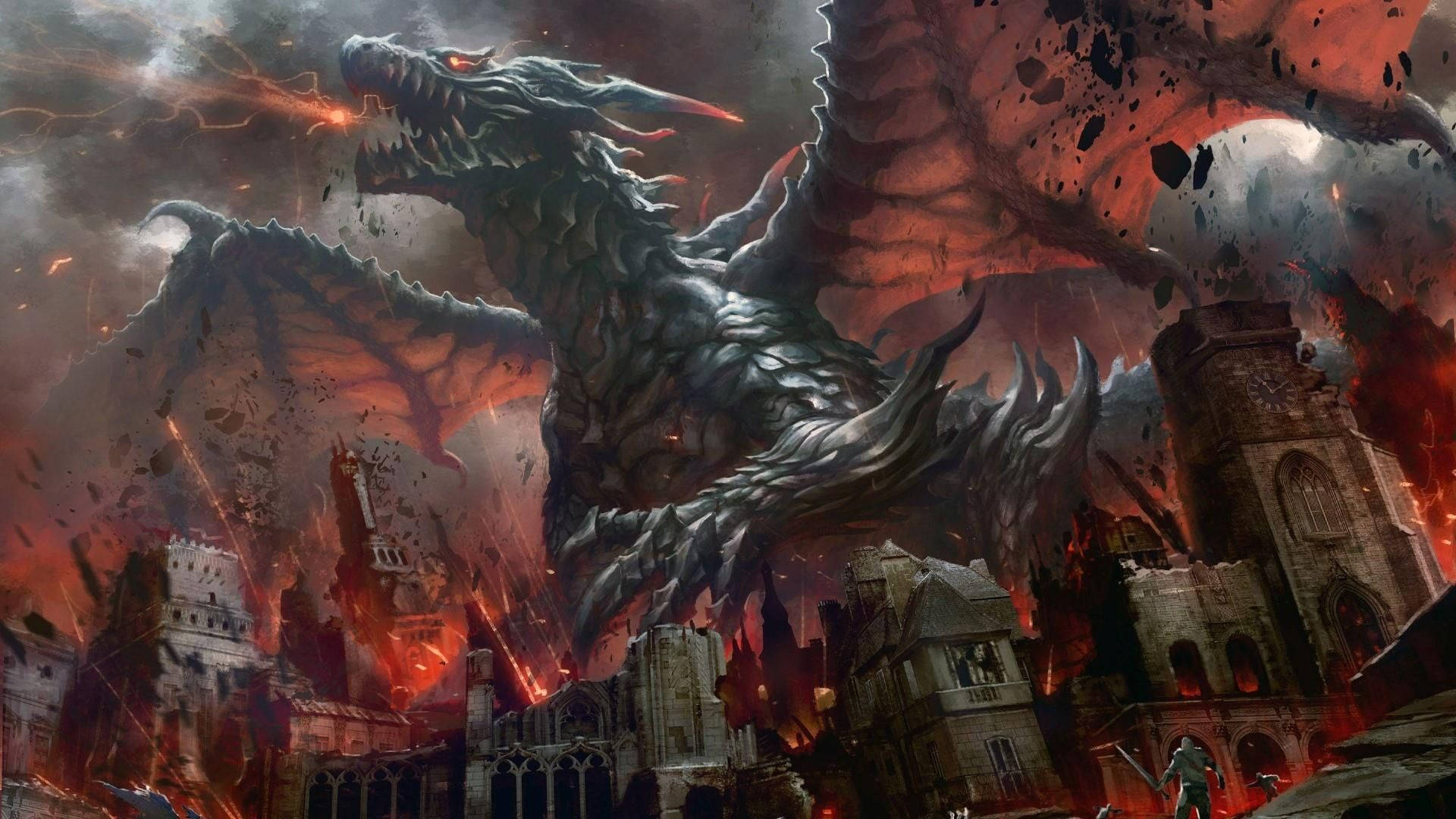 Fire Dragon Destroying City Background