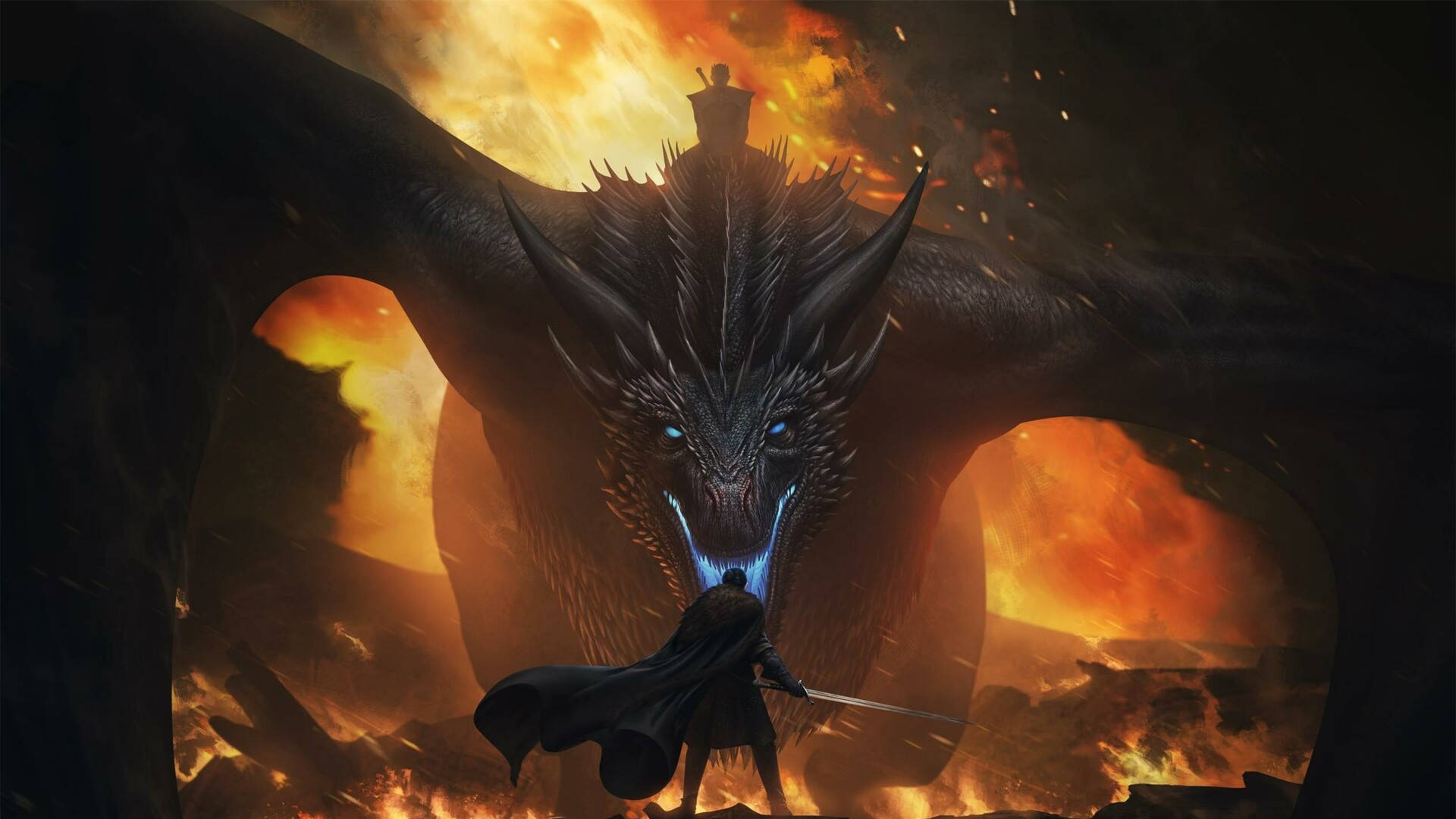 Fire Dragon Facing A Swordsman Background