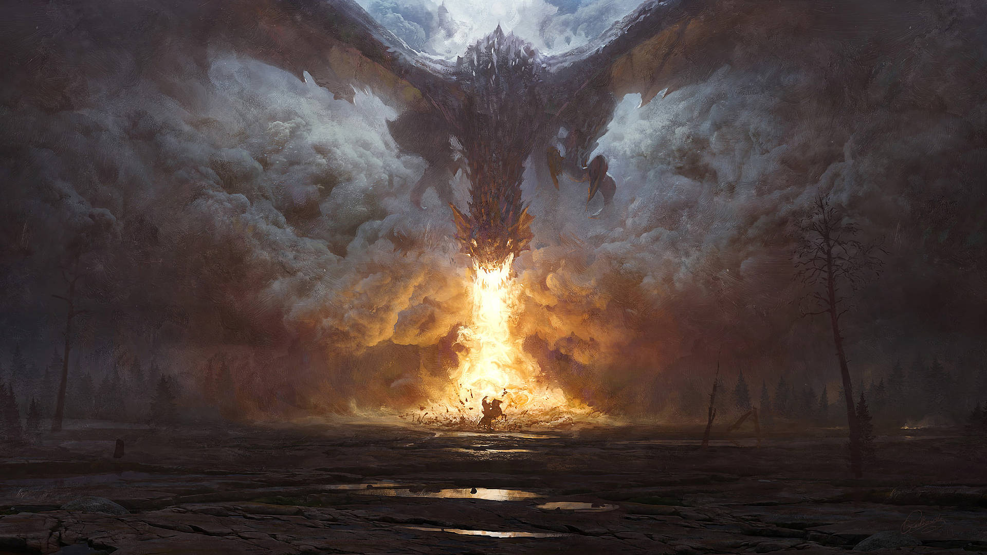 Fire Dragon In Barren Field Background