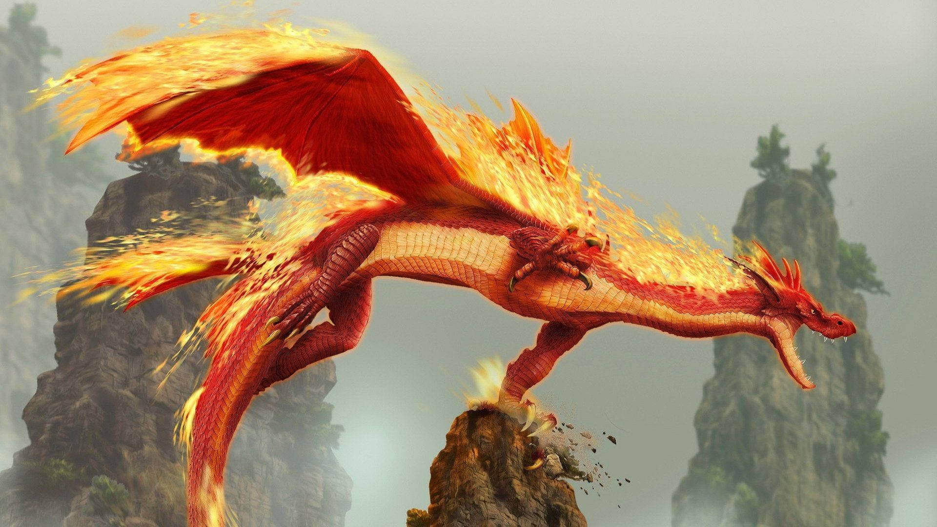 Fire Dragon With Burning Wings Background