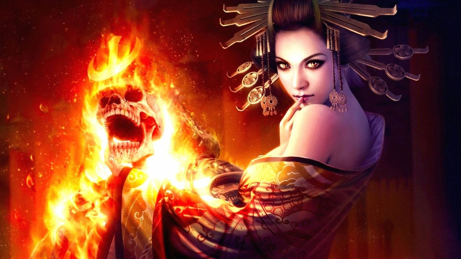 Fire Girl Holding A Skull Background