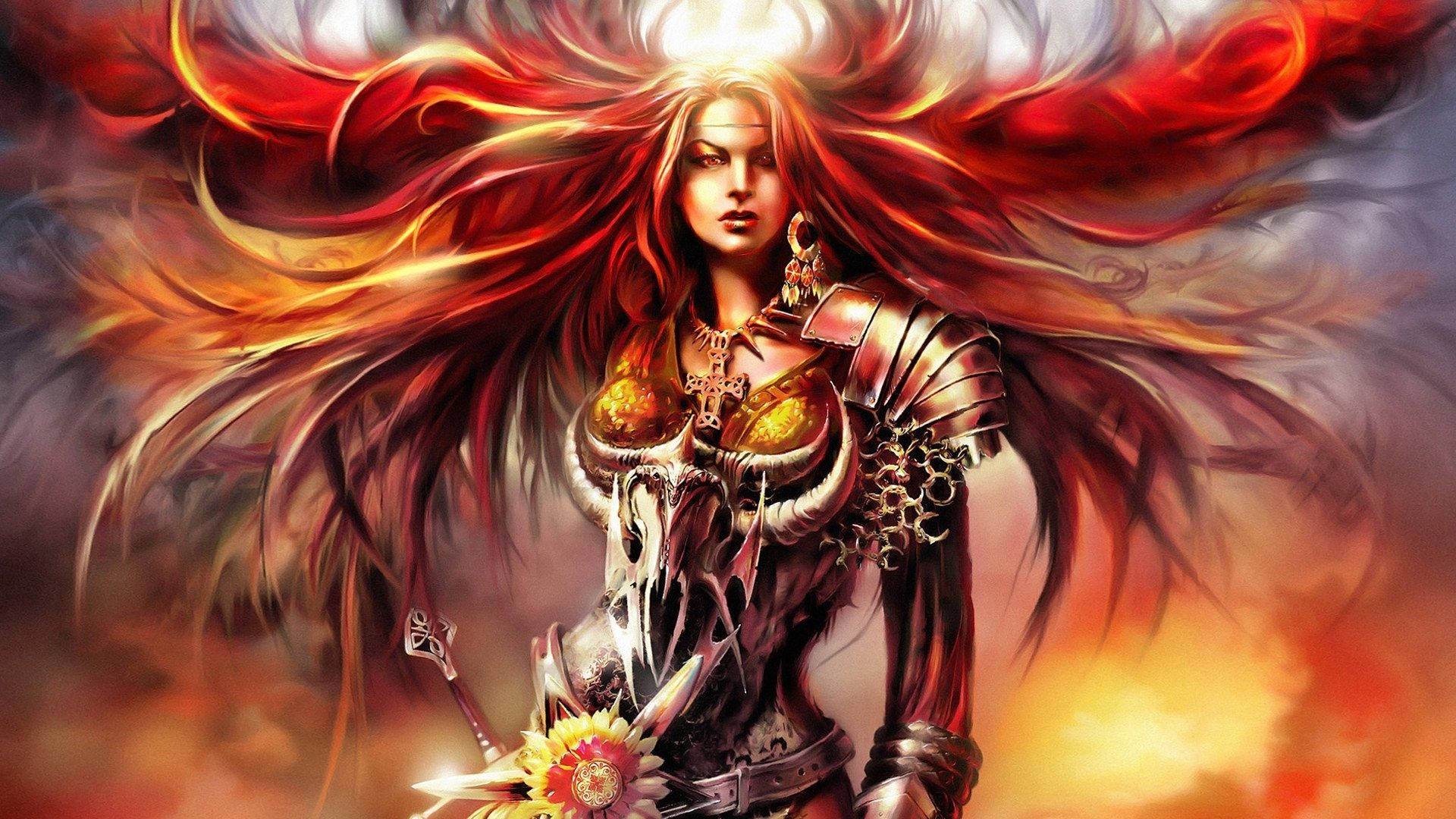 Fire Girl In Metal Armor Background