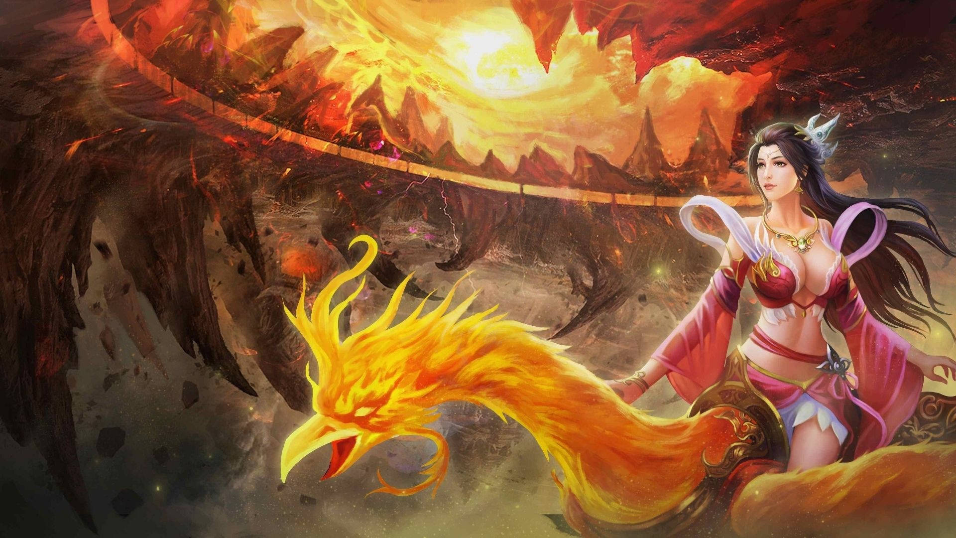 Fire Girl On The Dragon Background