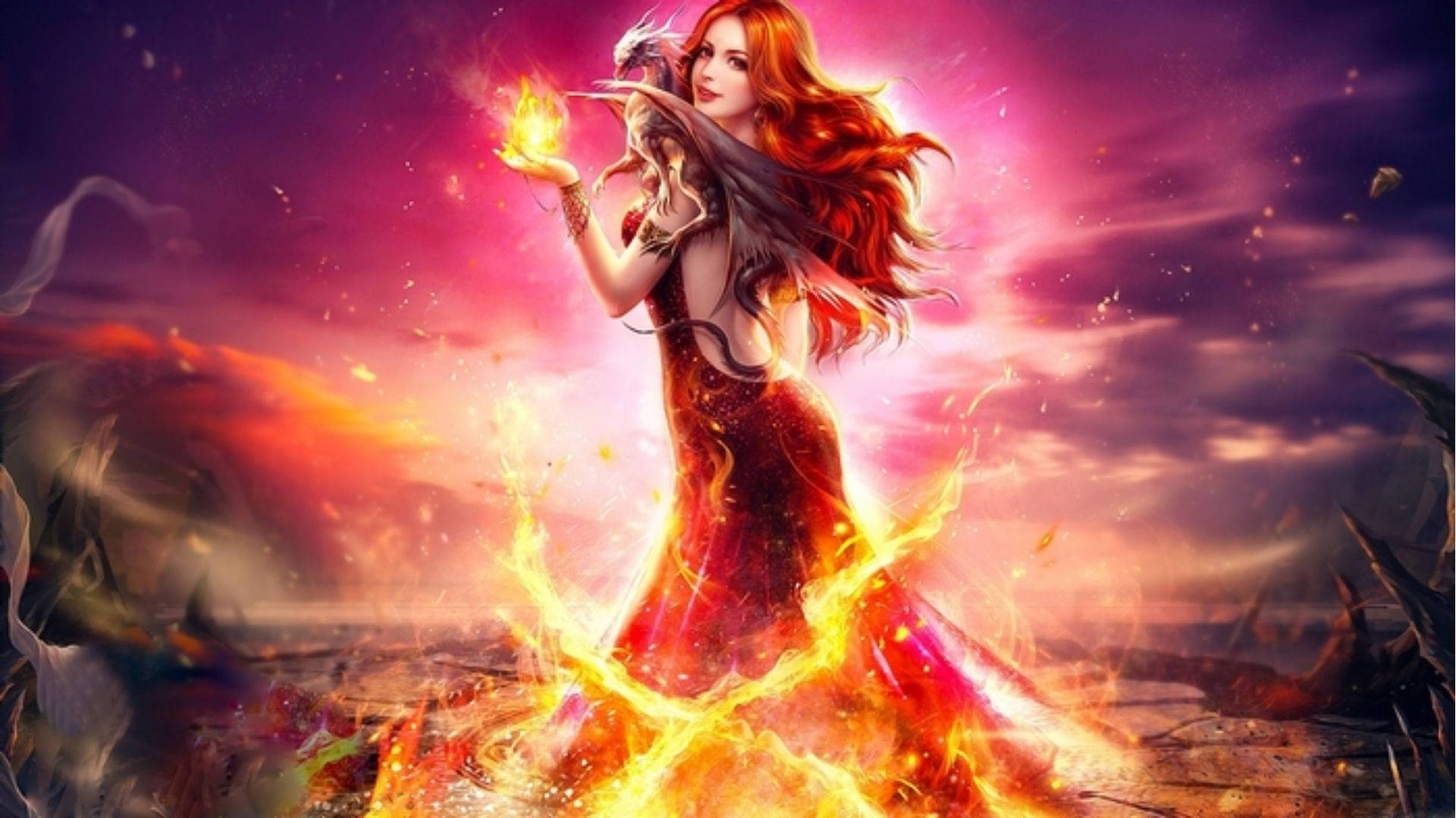 Fire Girl Pink Skies Background