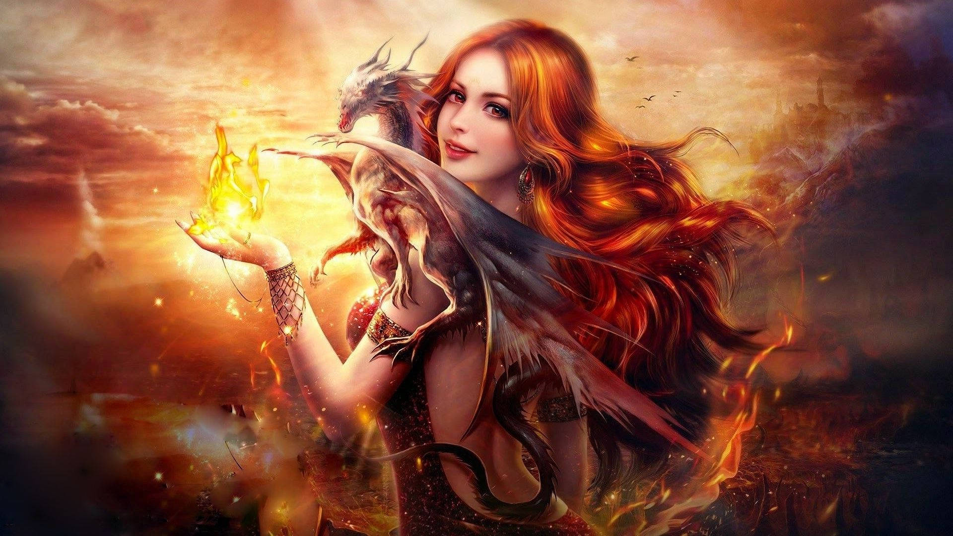 Fire Girl With Fireball Background