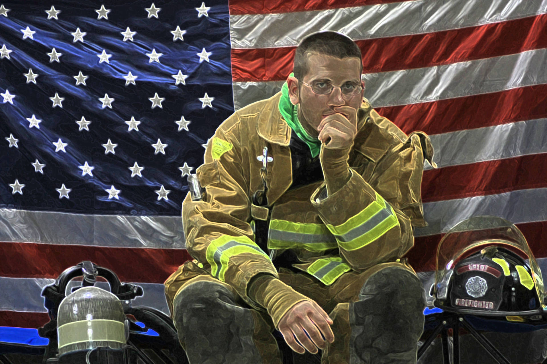 Firefighter And A Usa Flag Background