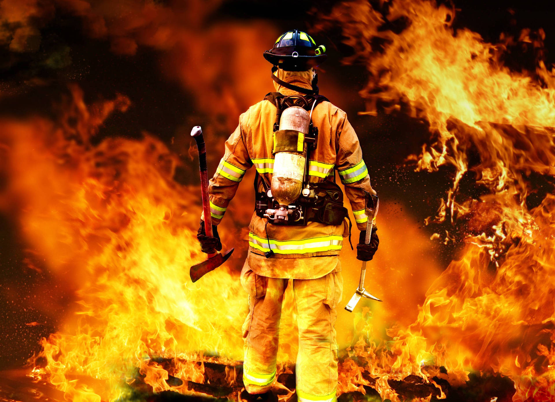 Firefighter On The Fire Background