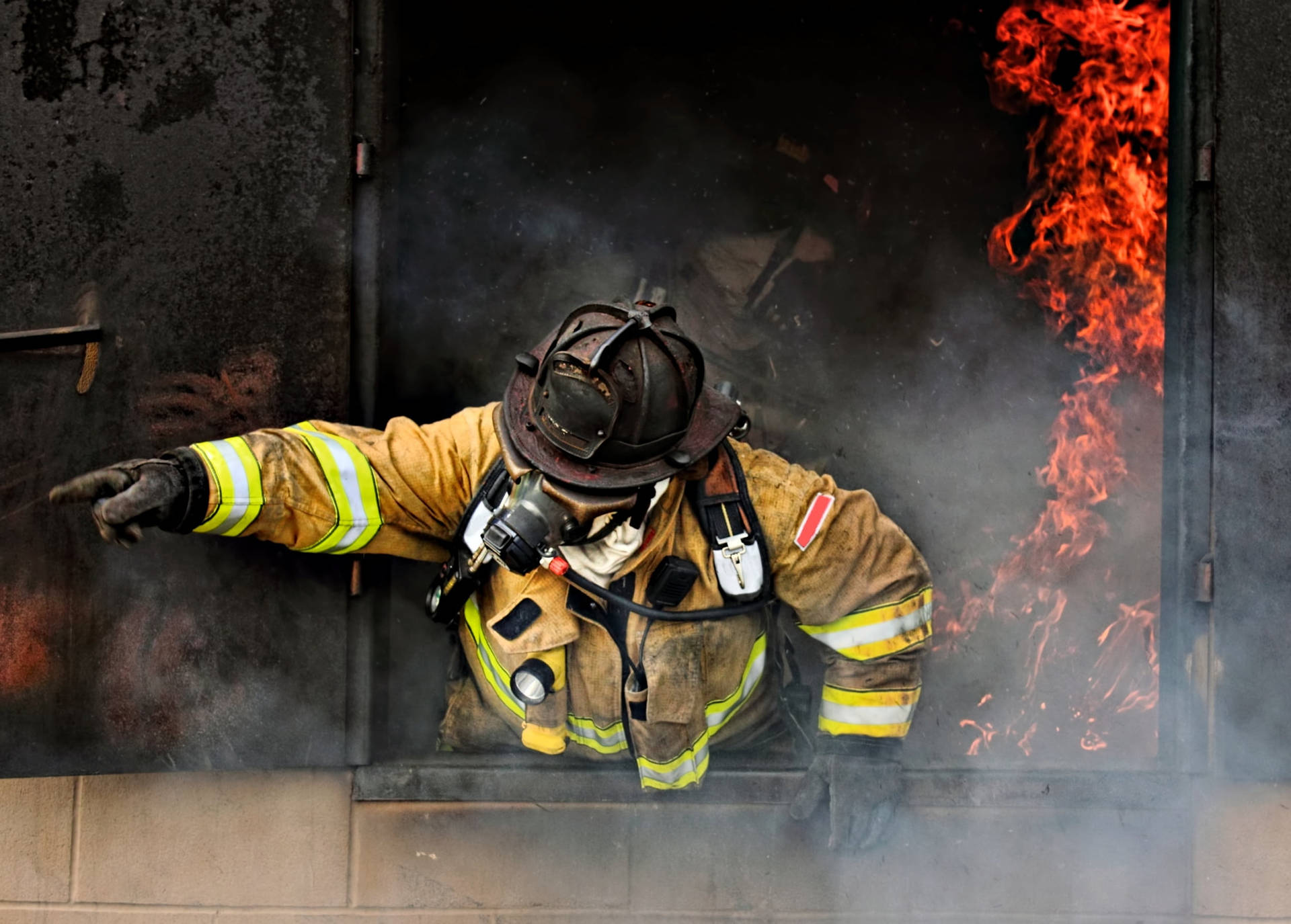 Firefighters In A Burning Building Background