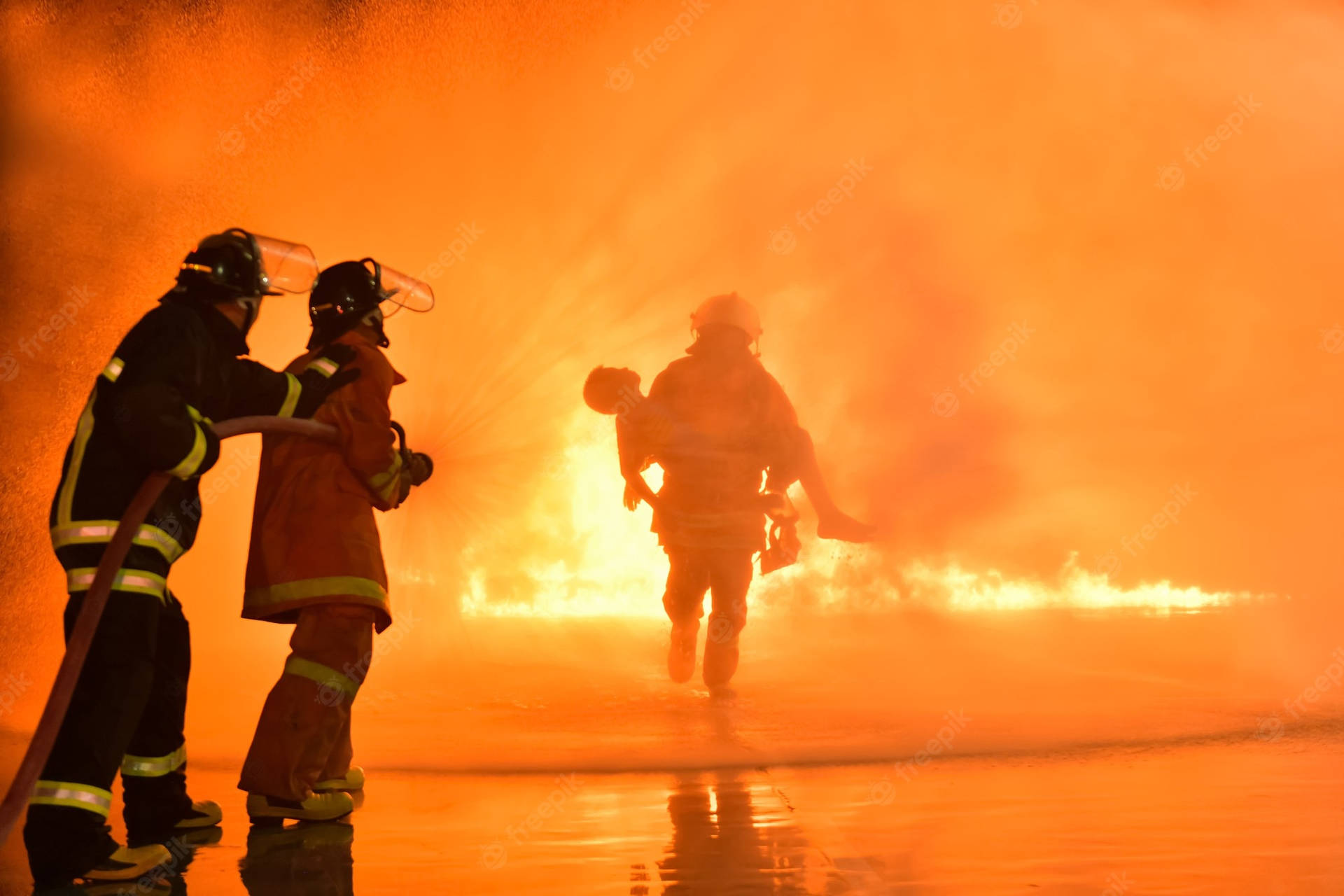 Fireman With A Victim Coming Out Of A Fire Background