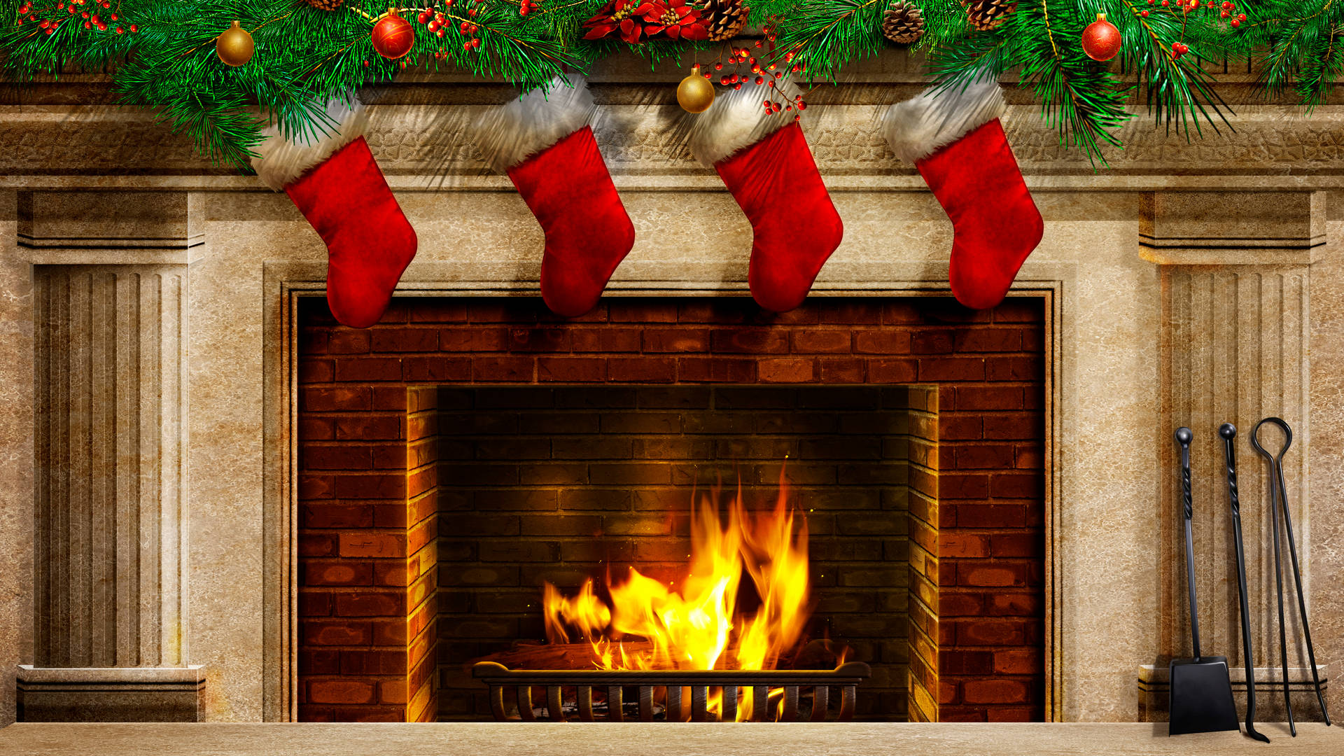 Fireplace With Beautiful Christmas Stockings Background