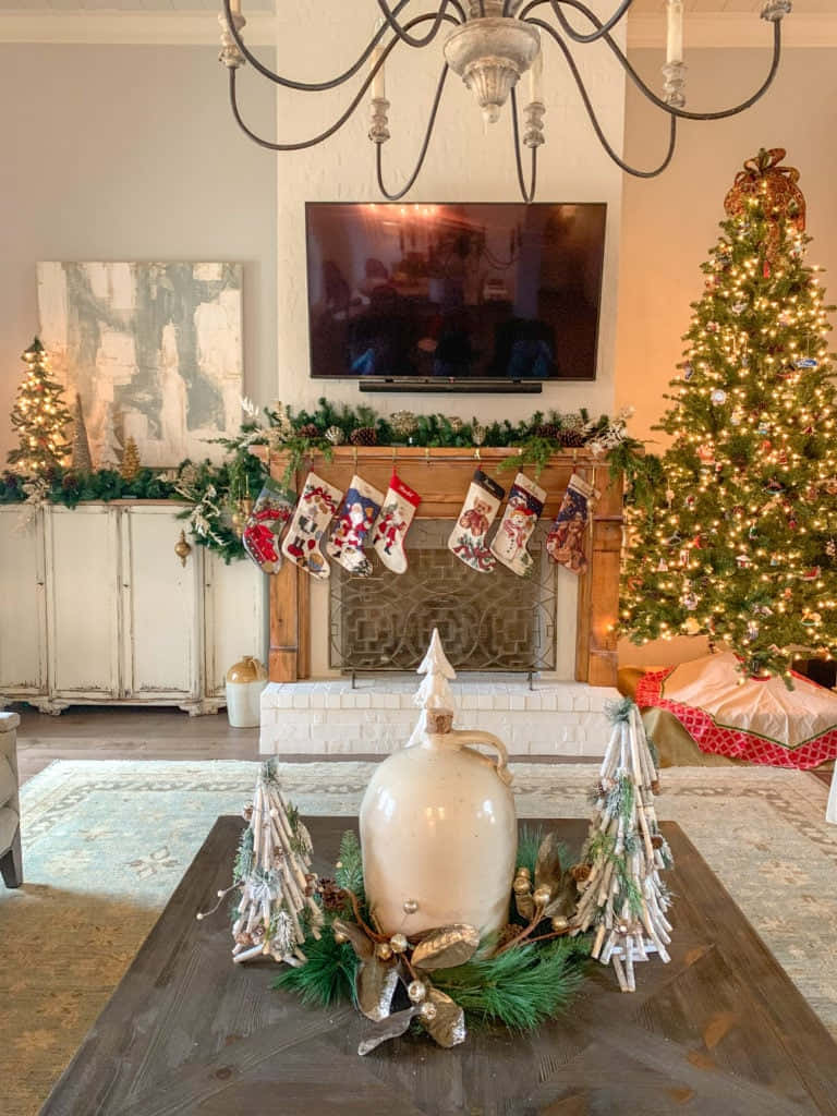 Fireplace With Stockings Farmhouse Christmas Tree Background