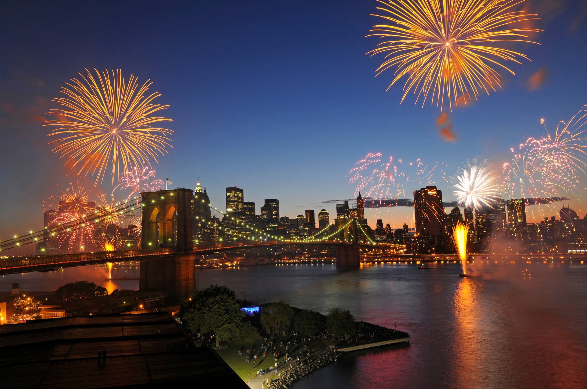 Fireworks At The Brooklyn Bridge Background