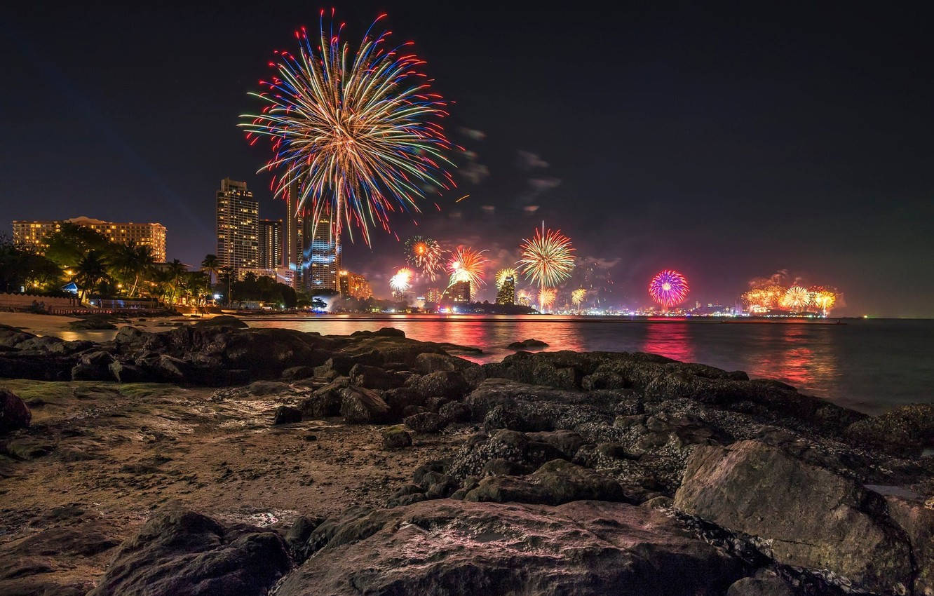 Fireworks In Pattaya At Night Background