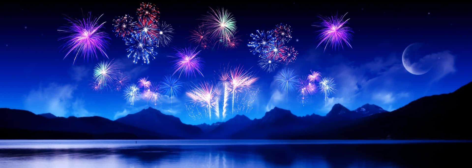 Fireworks In The Sky Over A Lake Background