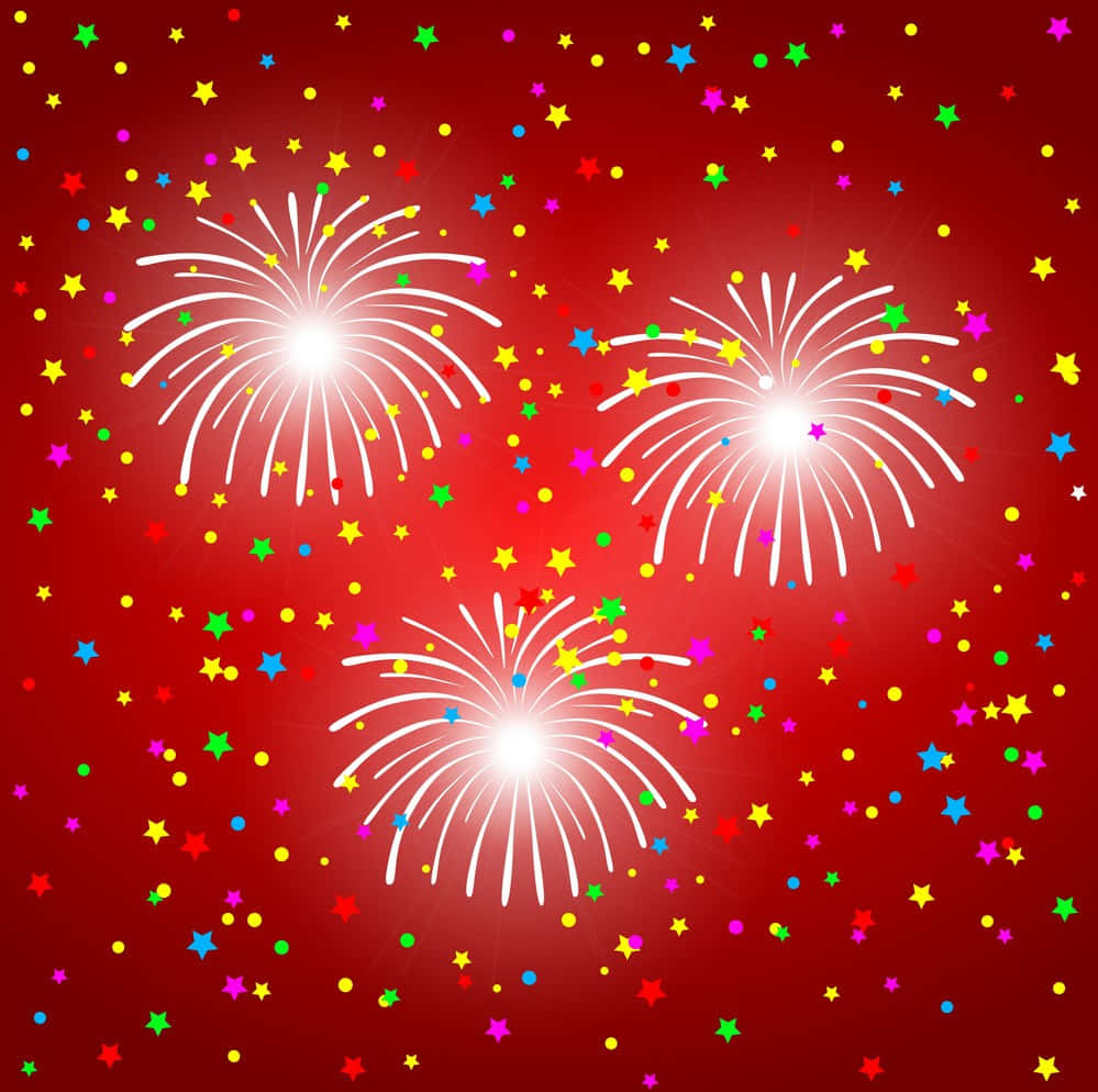 Fireworks With Confetti On Red Background